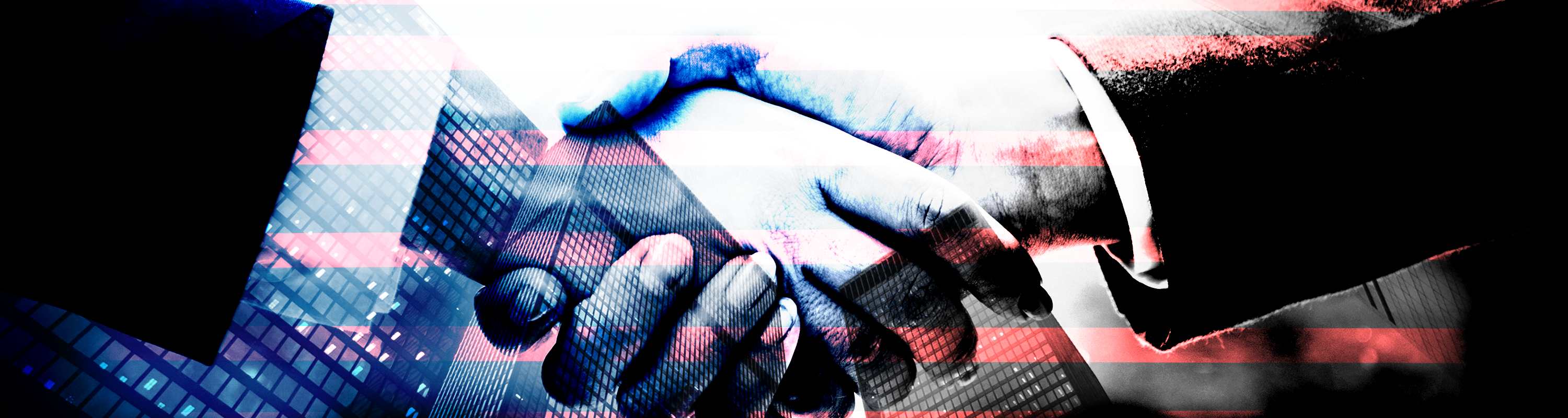 Creepy handshake with corporate and red, white and blue overlay.