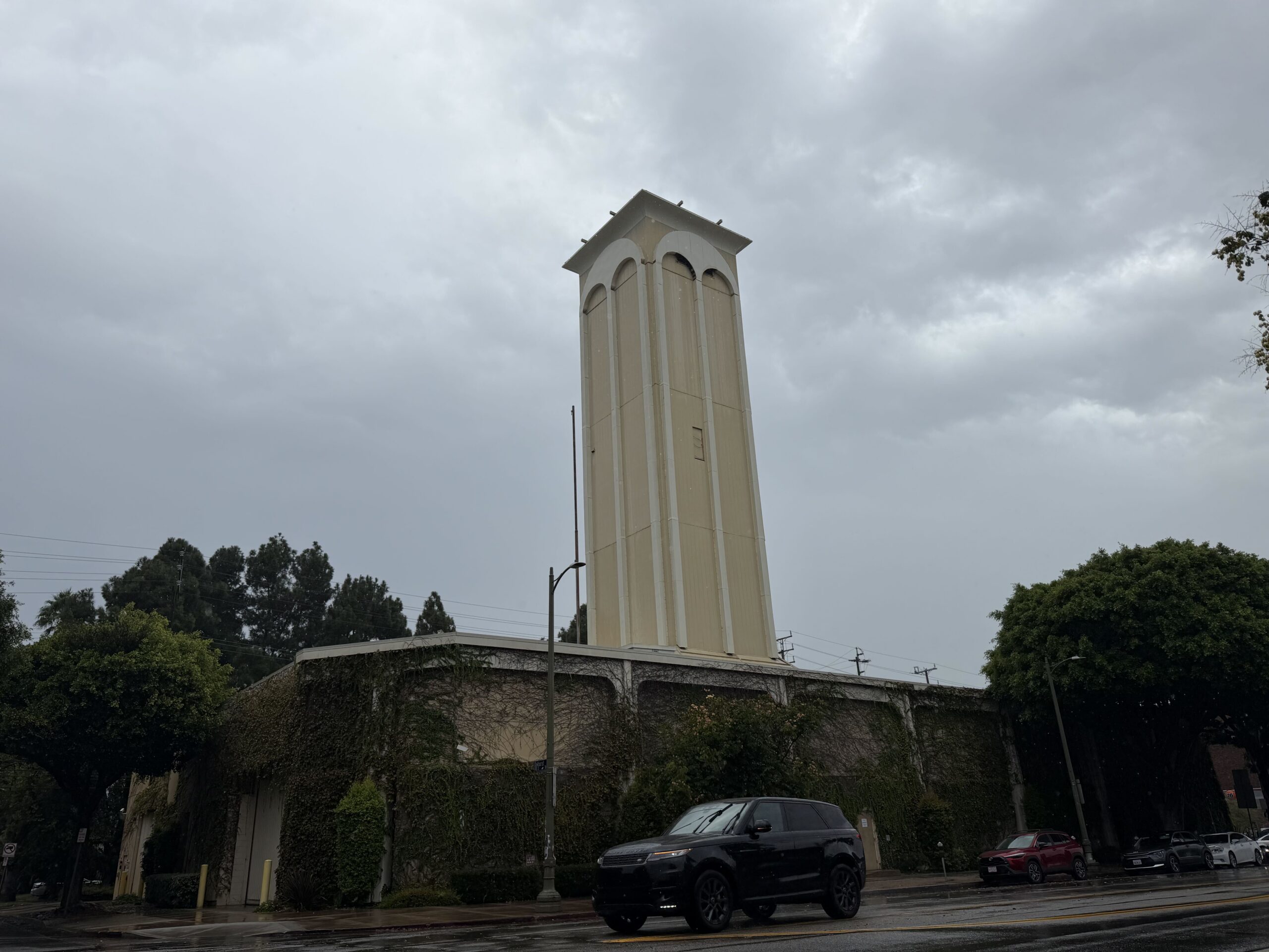 A photo of Pacific Coast's oil well designed to resemble a synagogue.