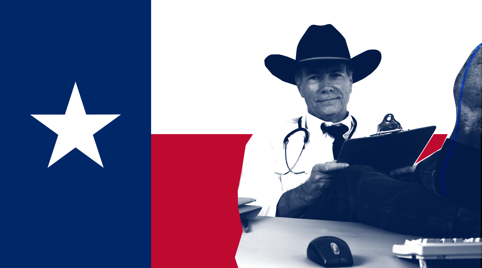A physician wearing a cowboy hat, sitting in front of the Texas state flag.