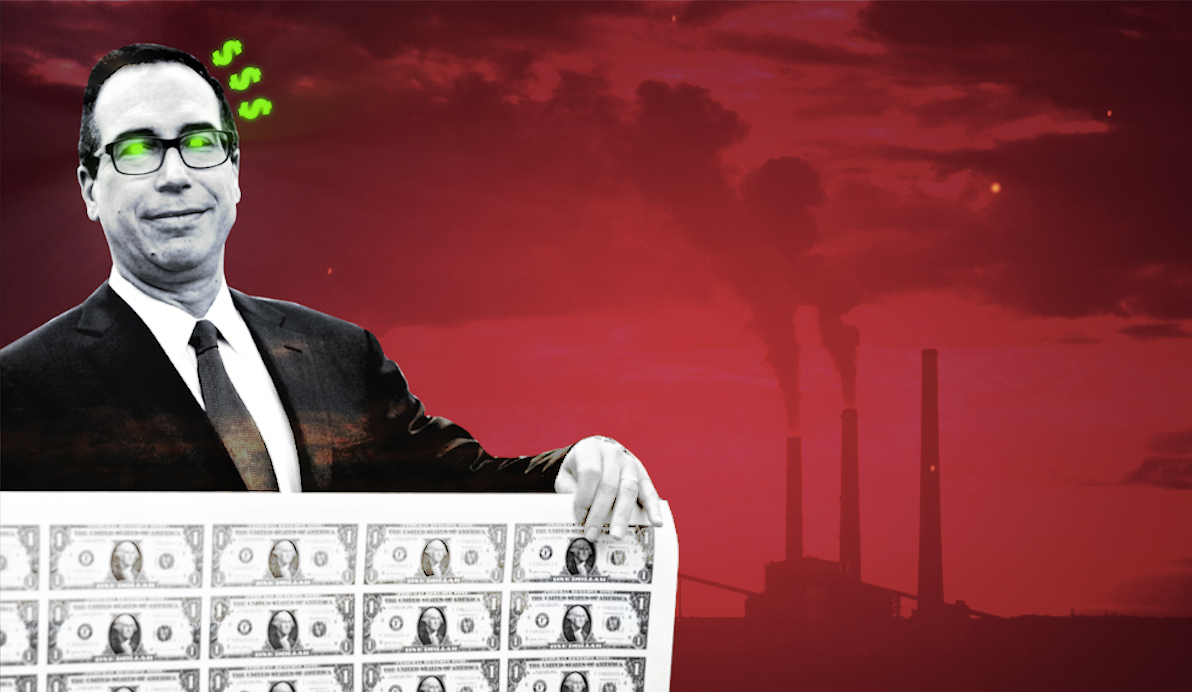 Steven Mnuchin with glowing eyes and dollar signs by head, holding money in front of smoke stacks