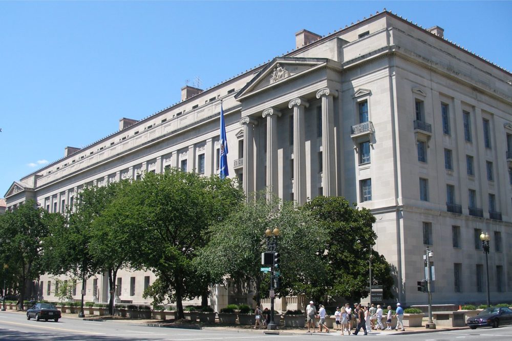A photo of the US Department of Justice headquarters in Washington, D.C.