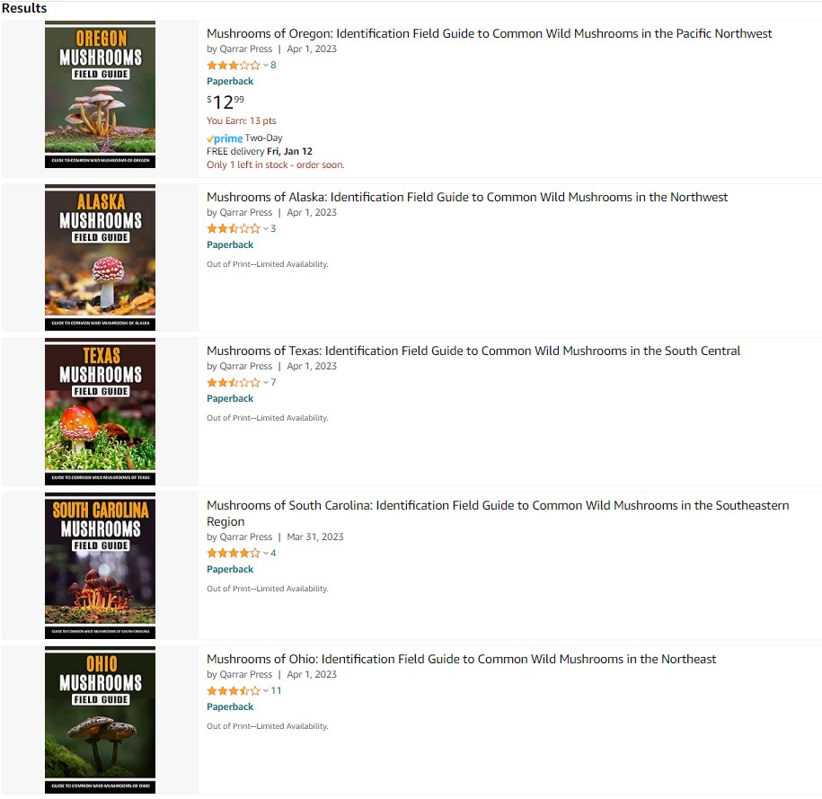 screenshot of Qarrar Press mushroom books on Amazon